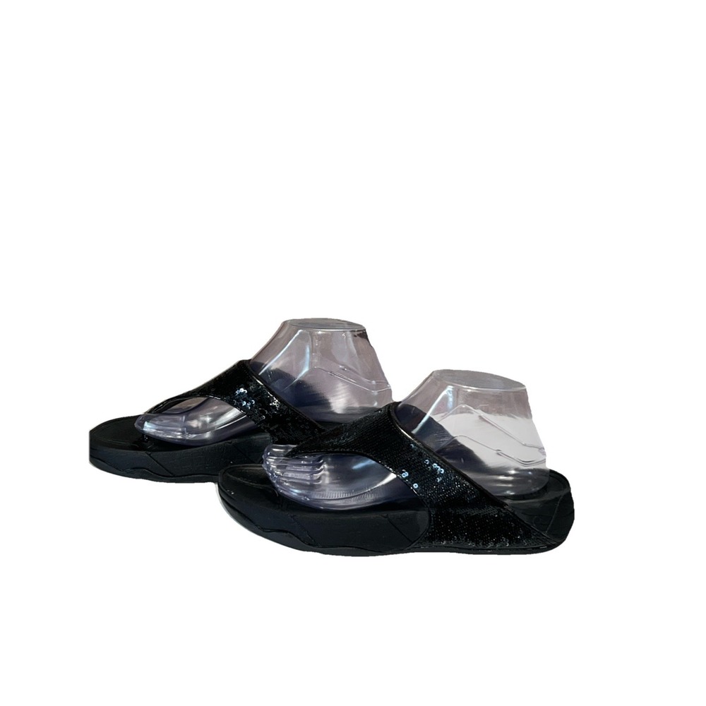 FitFlop Women 9 Black LULU Sandal Sequin Sparkle Toe-Post Wedge‎ Thong Comfort